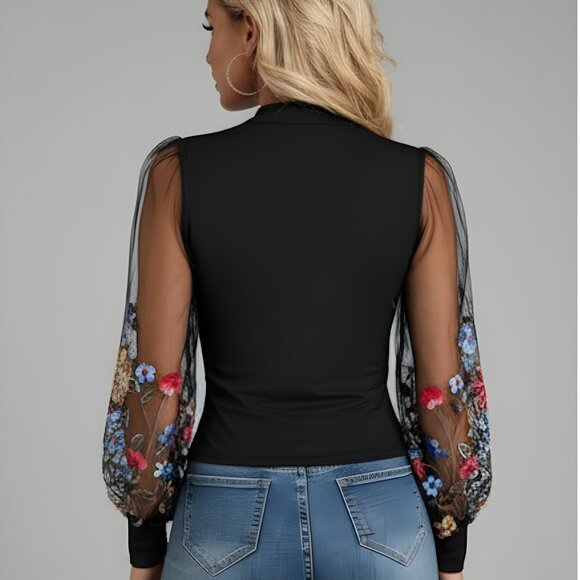 Boho Floral Embroidered Lantern Sleeves Top Black - Picture 3 of 10